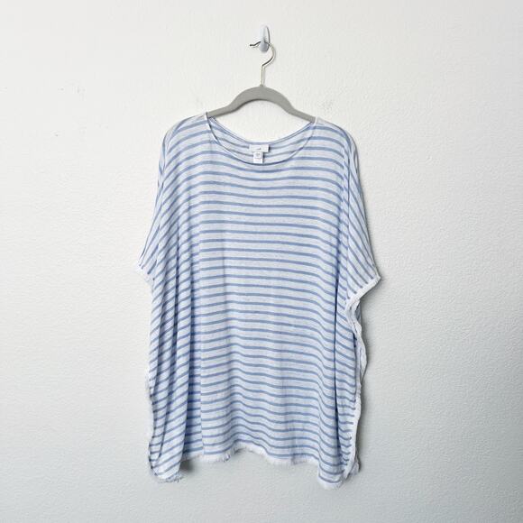 [J.Jill] Blue White 100% Linen Striped Fringed Poncho Top Size Medium Large M/L - Picture 1 of 9